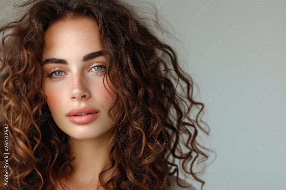 Gorgeous lady s portrait with curly long healthy hair natural beauty and a casual style against a gray backdrop Gorgeous lady s portrait with curly long healthy hair natural beauty and a casual style against a gray backdrop