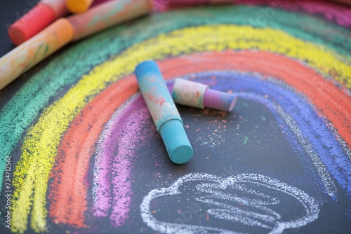 closeup of chalk pastels next to childs partially drawn rainbow
