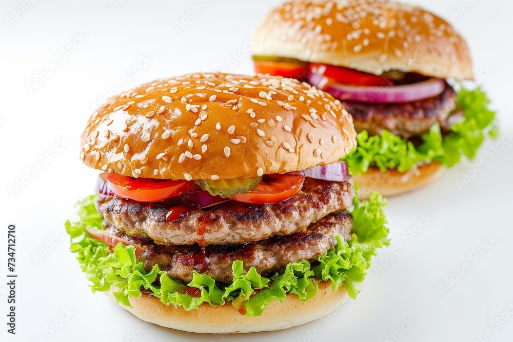 Gourmet burgers photographed on white background fast food style Shots of table top sandwiches Gourmet burgers photographed on white background fast food style Shots of table top sandwiches
