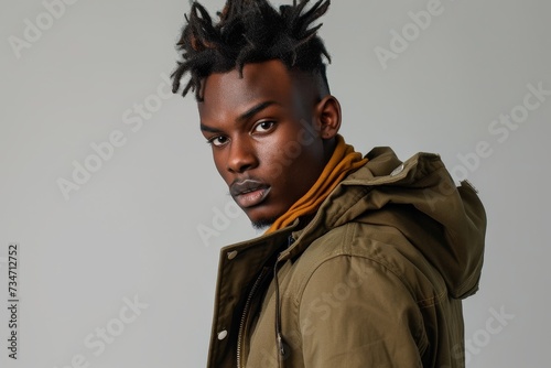 Fashion male model on isolated background appearing natural and young with African American descent