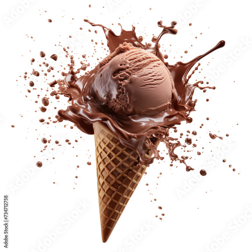 Chocolate Ice cream in the waffle cone with splash isolated on white background photo