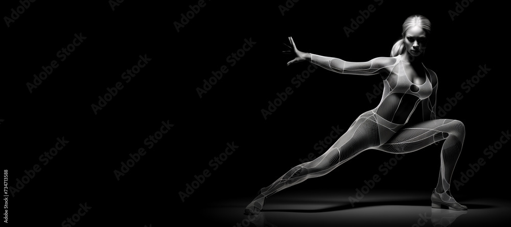 Beautiful female fitness model portrait banner with copy space.  black and white isolated on black background