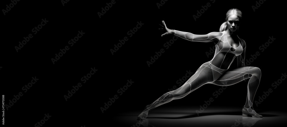 Beautiful female fitness model portrait banner with copy space. black and white isolated on black background Beautiful female fitness model portrait banner with copy space. black and white isolated on black background