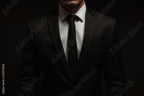 Faceless businessman in a dark studio dressed in a black suit white shirt and black tie on a black background