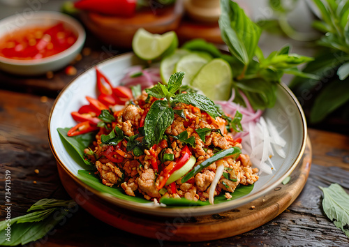 Larb Gai Thai Minced Chicken Salad angle view, ultra realistic food photography