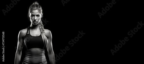 Beautiful female fitness model portrait banner with copy space.  black and white isolated on black background © JoelMasson