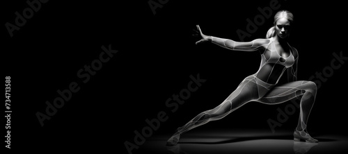 Beautiful female fitness model portrait banner with copy space. black and white isolated on black background