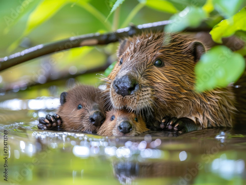 A baby beaver nuzzles its parent on a log by the water.