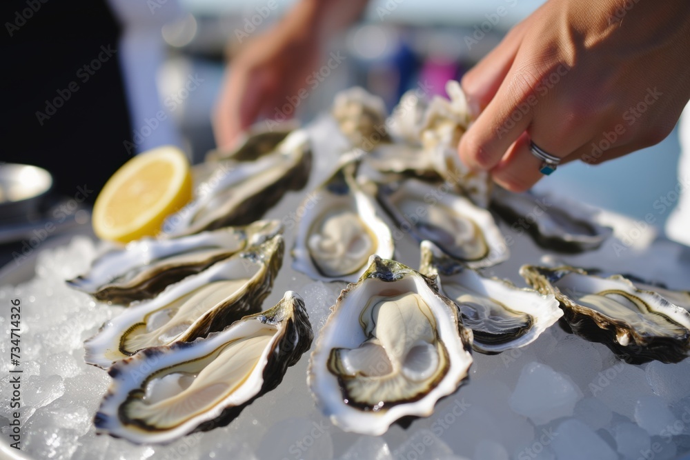 servers arranging fresh oysters on ice near the waterfront servers arranging fresh oysters on ice near the waterfront