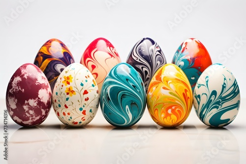 A collection of colorful, marble-patterned easter eggs arranged on a smooth surface against a white background