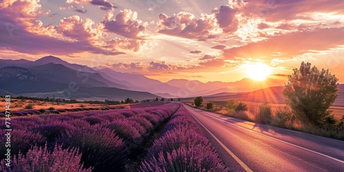 A serene sunrise over a highway running through a lavender field, with mountains in the far distance