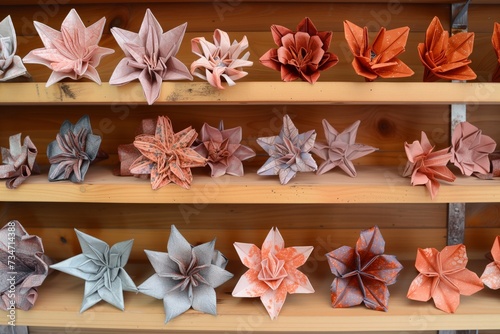 array of intricate origami flowers on a wooden shelf