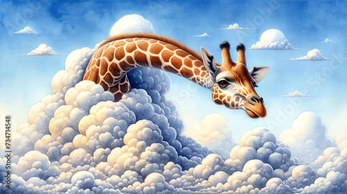 Surreal illustration of a giraffe with its neck stretched long, descending through fluffy clouds against a serene blue sky with subtle white clouds.Animal representation concept. AI generated.