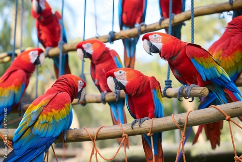 group of parrots on a zoo playstructure with ropes and ladders photo