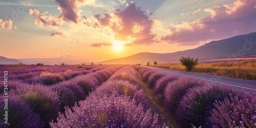 A serene sunrise over a highway running through a lavender field, with mountains in the far distance