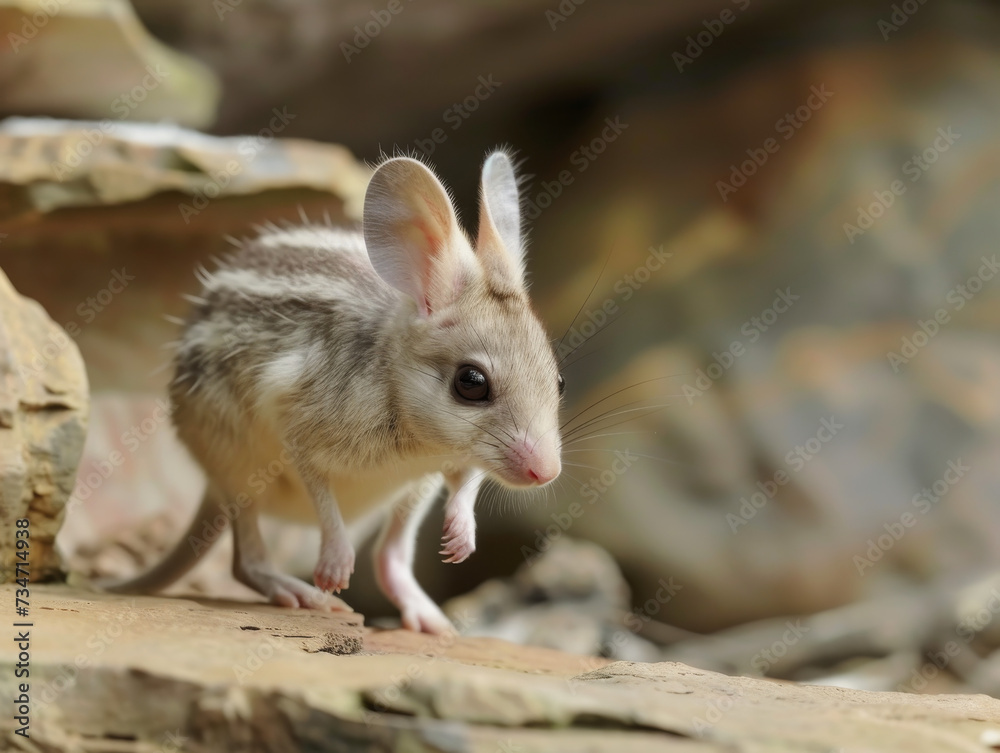 Cute close up picture of endangered Bilby exploring surroundings in wild nature.