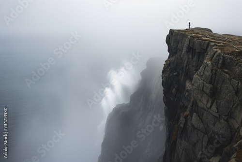 person on high cliff, ocean spray rising, staring into the sea mist