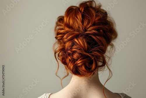 Frizzy red hair woman s style viewed from behind at a haircare spa salon