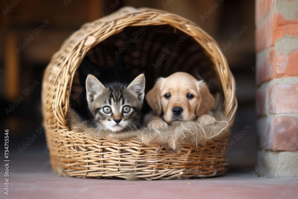 Obraz premium kitten and puppy peeking out of a wicker basket