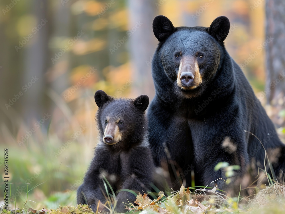 A watchful black bear mother with her cub in a lush green forest. A watchful black bear mother with her cub in a lush green forest.