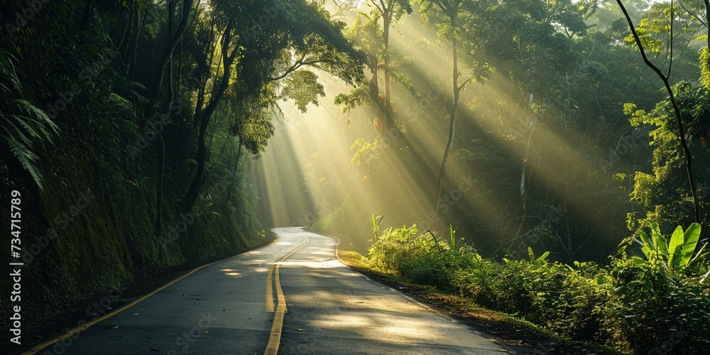 A secluded highway running through a dense rainforest, with sunrays piercing through the canopy above - obrazy, fototapety, plakaty 