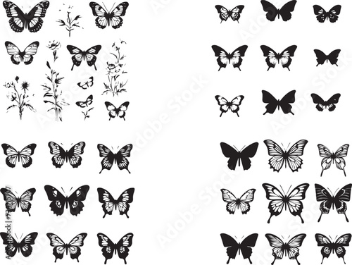 Black Silhouettes Butterflies collection on white background 