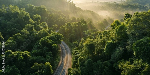 A panoramic view of a highway meandering through a dense, green forest with early morning mist Rays of sunrise filter through the trees