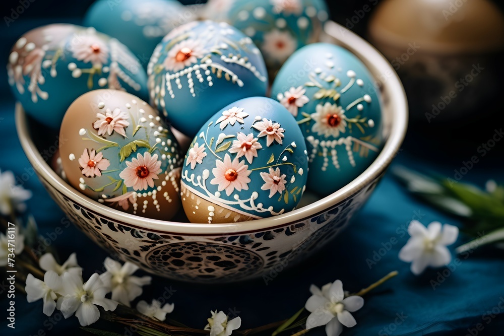 Fototapeta premium A collection of easter eggs beautifully decorated with intricate golden floral patterns nestled within a woven basket