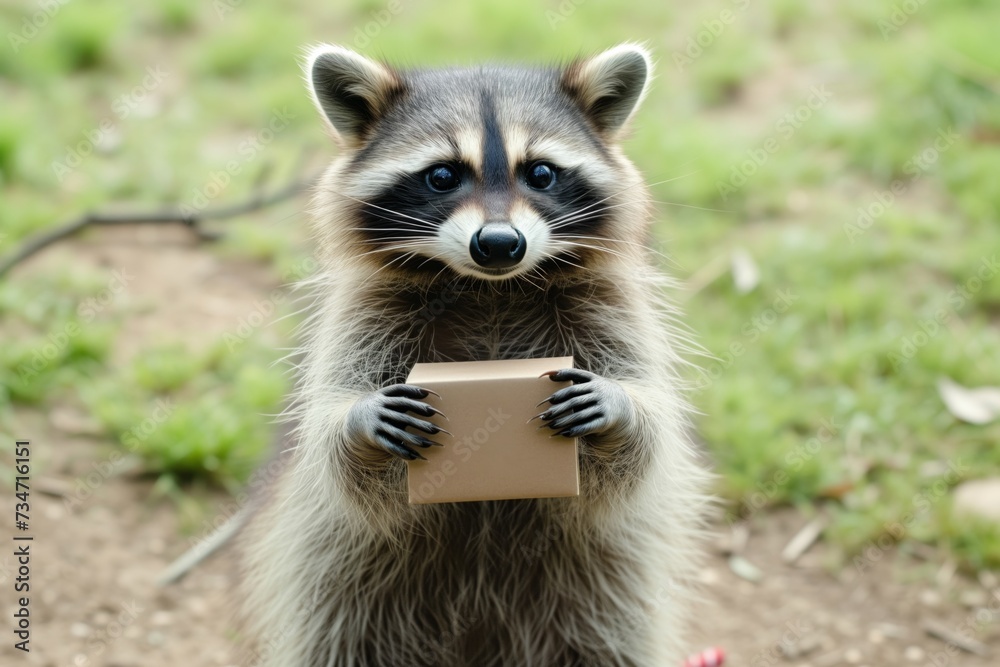 raccoon on hind legs, holding a small gift box in paws