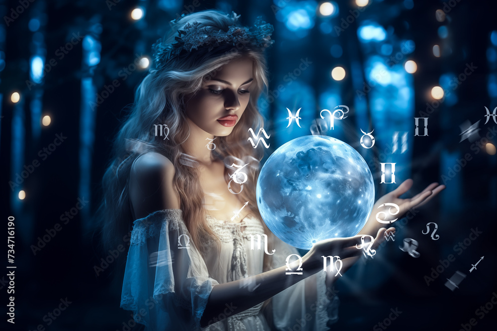 Naklejka premium Beautiful girl on a night with a magic ball. Astrology and Zodiac Concept. Generative Ai.