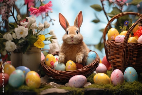 Festive easter bunny with colorful decorations and egg basket for outdoor and interior decor