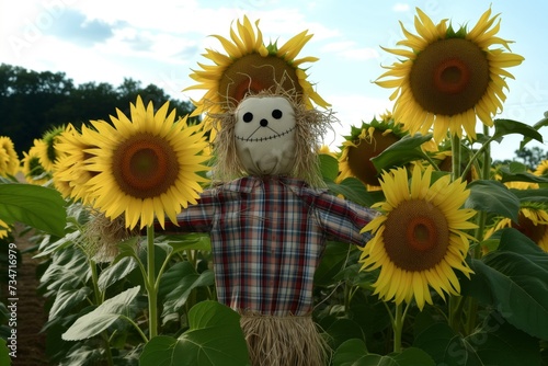 scarecrow clad in plaid shirt among towering sunflowers
