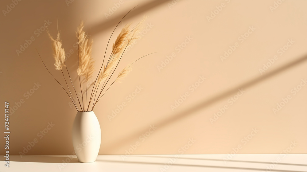 A bouquet of dry pampas grass in a vase against a beige wall. Monochrome image with space for text.