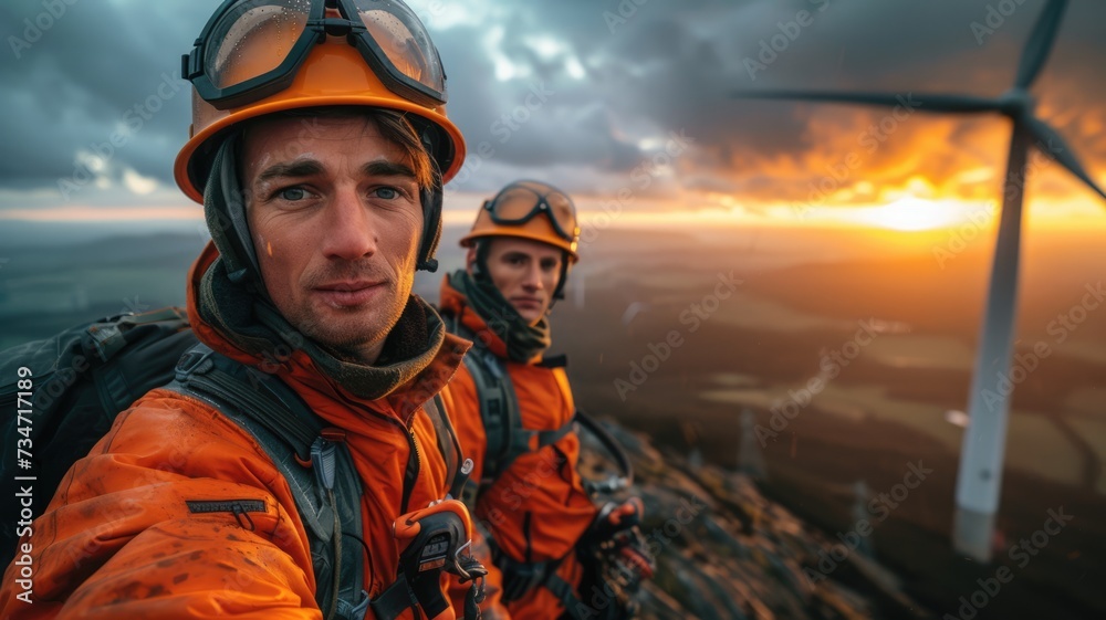 Electric engineer wearing Personal protective equipment working on top of wind mill turbine Electric engineer wearing Personal protective equipment working on top of wind mill turbine
