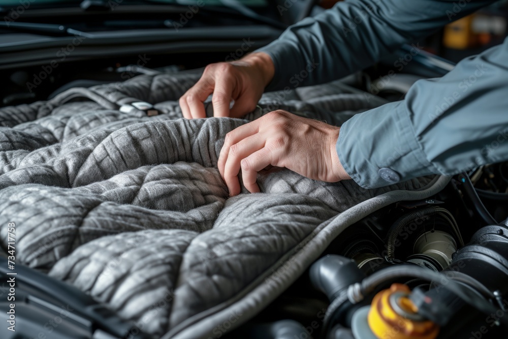 hands adjusting sound insulation blankets in a car engine bay