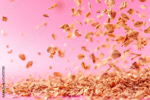 High res image granola flakes in zero gravity pink background photo