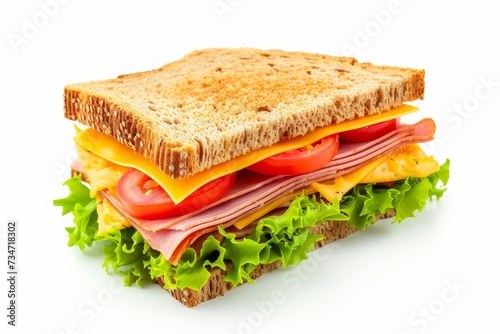 Ham cheese and tomato resting on a white background