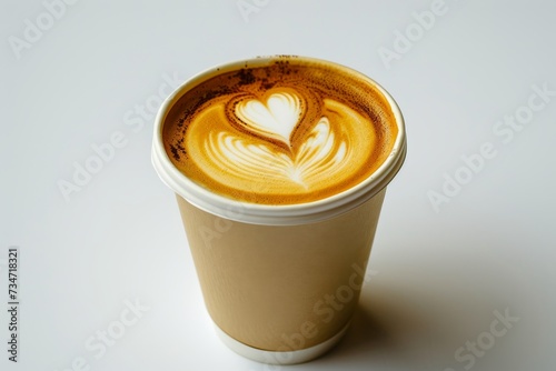 Latte art coffee with heart shape served in a paper cup isolated on white background photo