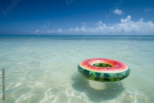 swim ring shaped like a slice of watermelon in clear ocean water