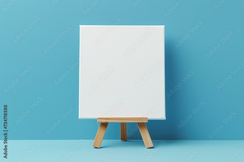 High quality photo of a white canvas mock up on a mini wooden tripod placed on a toy easel against a blue background - obrazy, fototapety, plakaty 
