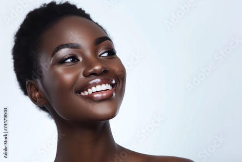 Gorgeous African woman with a cheerful smile young black model with captivating gaze Captured on a white background symbolizing healthy skin and beauty