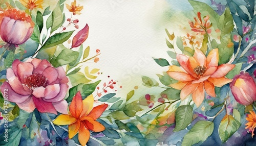 The watercolor background is decorated with an assortment of delicate flowers and leaves leaving a blank space in the center for text