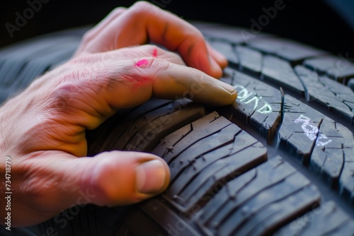hand with marker labeling tire for rotation