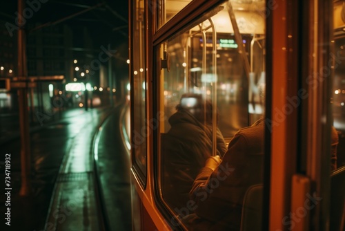 reflection of passenger in tram window at night