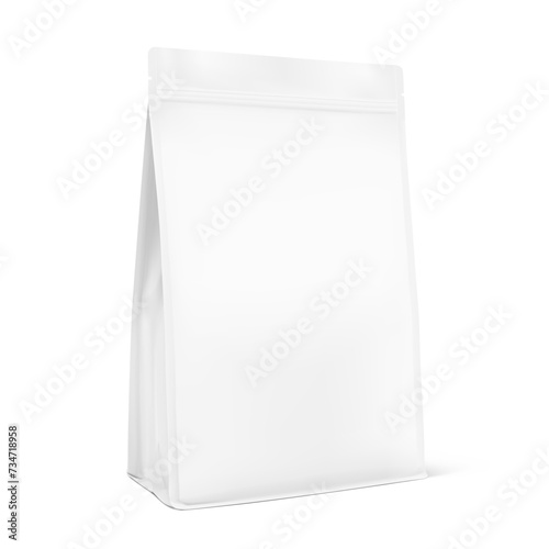 Vertical bag mockup. Vector illustration. Half side view. Ready for your design. Perfect for the presentation of sport nutrition, coffee, food etc.
