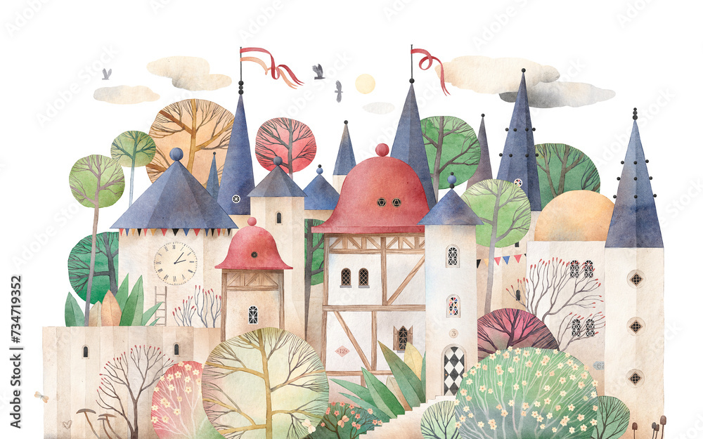 Cute fairytale houses. Lovely old city. Decor for a children room. Watercolor background. Decor for children room.
