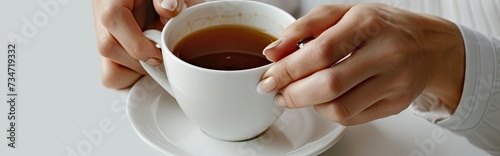 Young woman is captured holding steaming cup of coffee epitomizing essence of relaxation and joy of warm beverage closeup shot emphasizes intimate connection between person and drink