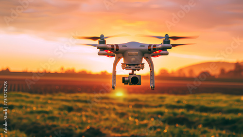 A modern quadcopter drone with a camera hovering above a lush green field against a vivid sunset backdrop.  © wanchai