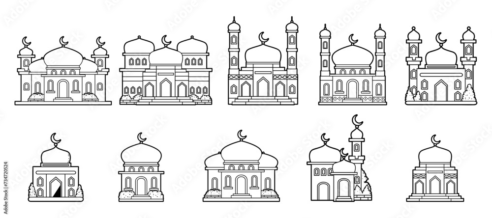 Mosque building element outline sketch vector illustration set