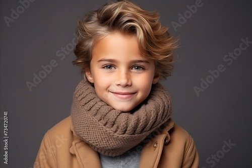 Portrait of a cute little boy in warm clothing over grey background.